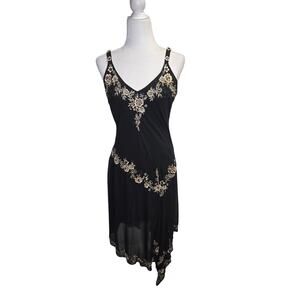 90's Y2K Vintage Black Midi Embroidered 3D floral Whimsey Goth fairy Vampy Dress